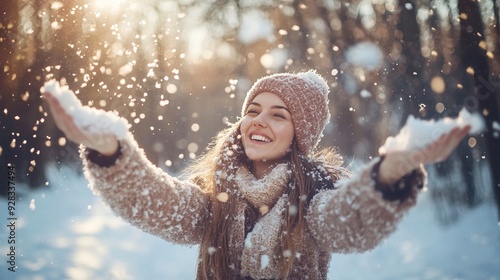 A young woman throws out snow. Portrait of a happy woman playing with snow on a sunny winter day. A walk through the winter forest. Concept of fun, relaxation. Generative ai