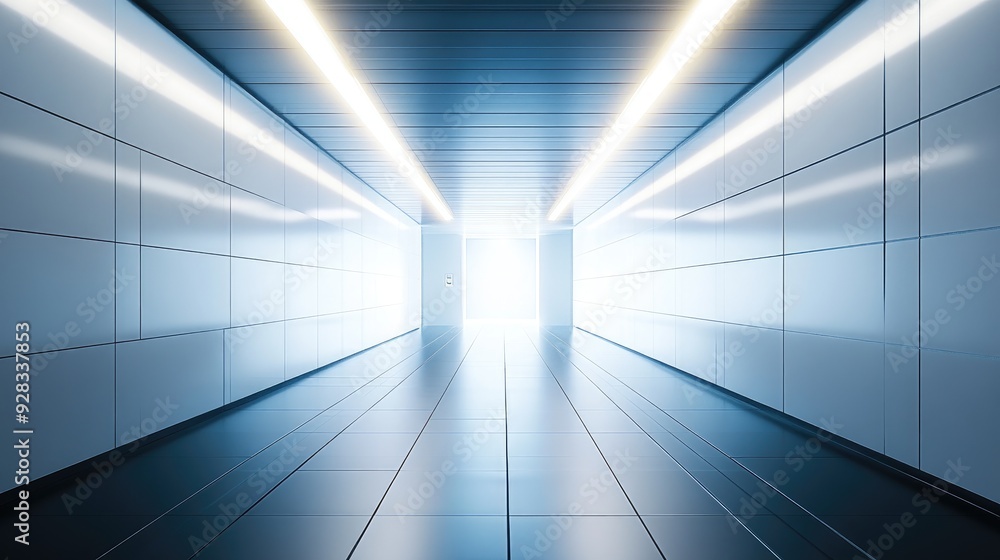 A bright light shines at the end of an empty, tiled hallway. A bright light shines at the end of an empty, tiled hallway.