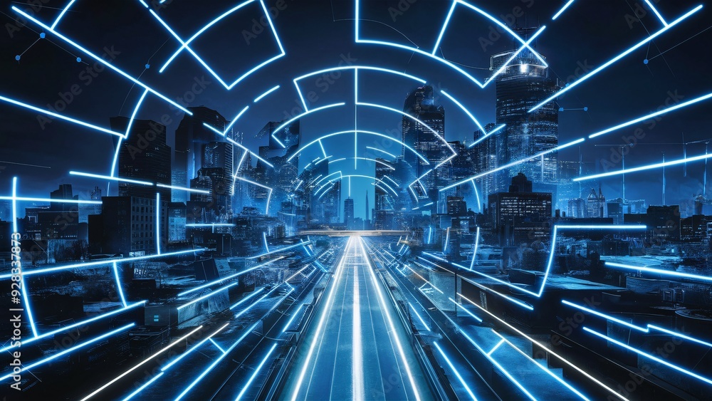 Futuristic infrastructure of a smart night city. Blue neon colors. Connection technology metaverse concept. Night city banner with big data. Device connection. 3d artwork. Futuristic infrastructure Futuristic infrastructure of a smart night city. Blue neon colors. Connection technology metaverse concept. Night city banner with big data. Device connection. 3d artwork. Futuristic infrastructure