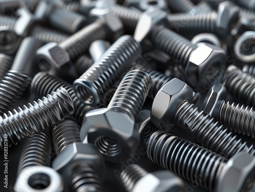 Realistic 3D render of industrial screws and bolts, high detail photo