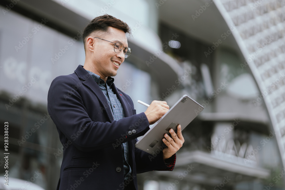 A cheerful young Asian businesswoman in a modern city, smiling confidently while using her smartphone outdoors, dressed in a professional suit, embodying success and digital connectivity. A cheerful young Asian businesswoman in a modern city, smiling confidently while using her smartphone outdoors, dressed in a professional suit, embodying success and digital connectivity.