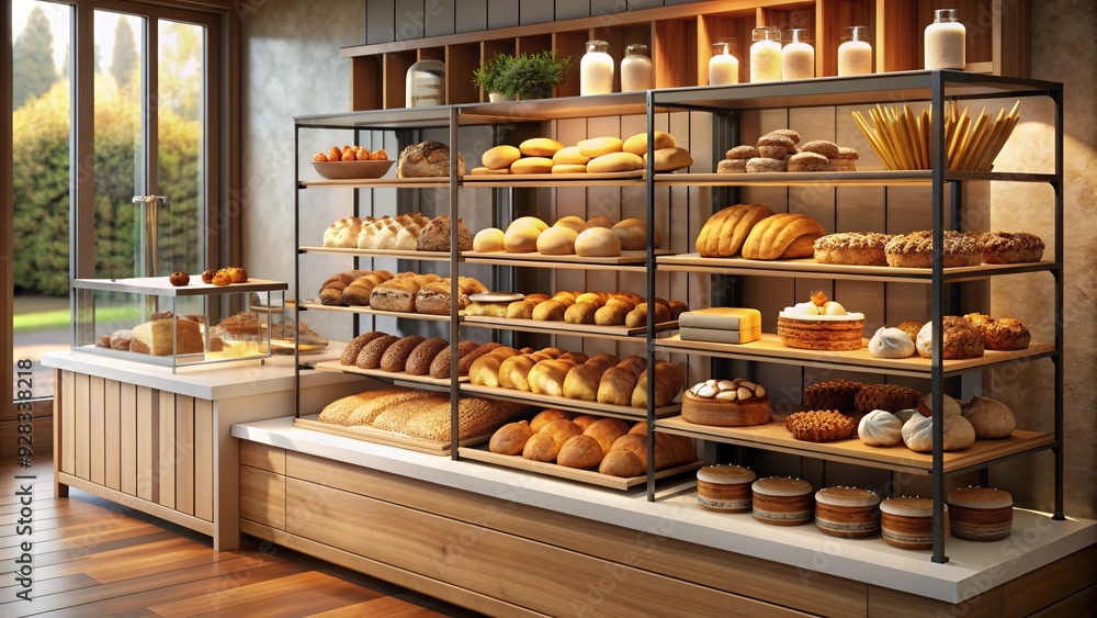 A bakery display case with freshly baked bread and pastries with a warm atmosphere. A bakery display case with freshly baked bread and pastries with a warm atmosphere.