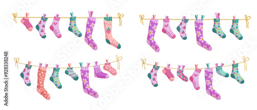 Clothesline socks illustration set. Socks on a rope, Baby socks with patterns vector cartoon.