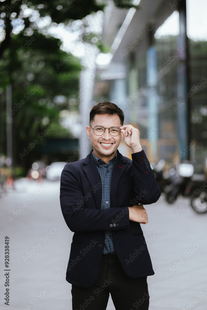 A cheerful young Asian businesswoman in a modern city, smiling confidently while using her smartphone outdoors, dressed in a professional suit, embodying success and digital connectivity. A cheerful young Asian businesswoman in a modern city, smiling confidently while using her smartphone outdoors, dressed in a professional suit, embodying success and digital connectivity.