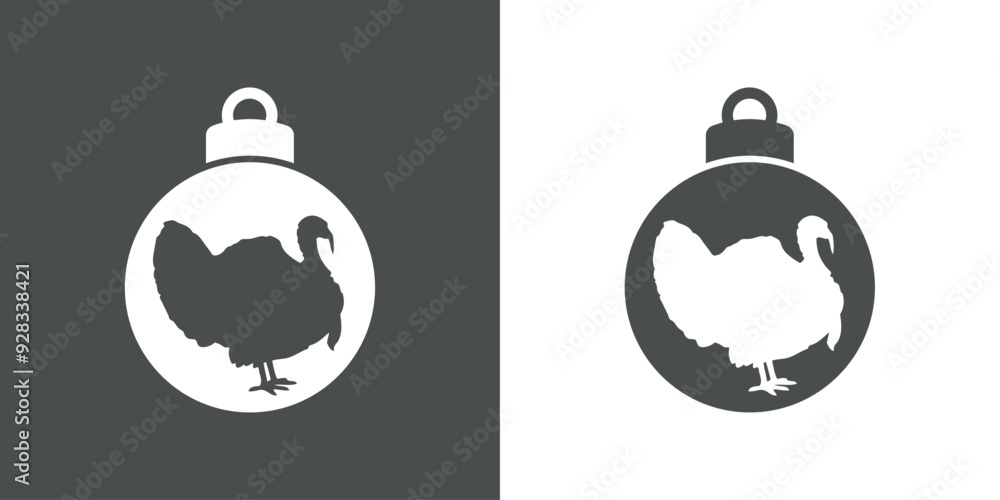 Obraz premium Turkey logo. Tiempo de Navidad. Silueta de bola de navidad con pavo para tarjetas y felicitaciones del Día de Acción de Gracias o Navidad