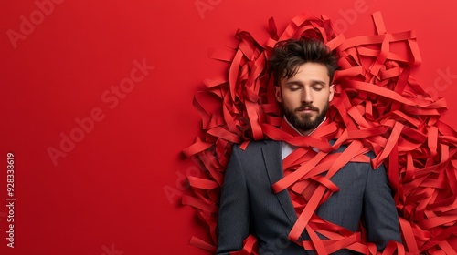 A man in a suit surrounded by vibrant red ribbons against a bold red background, portraying a sense of creativity and chaos.
