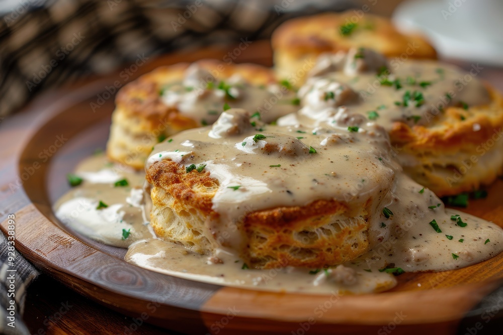 Biscuits and gravy on wooden plate viewed up close Biscuits and gravy on wooden plate viewed up close