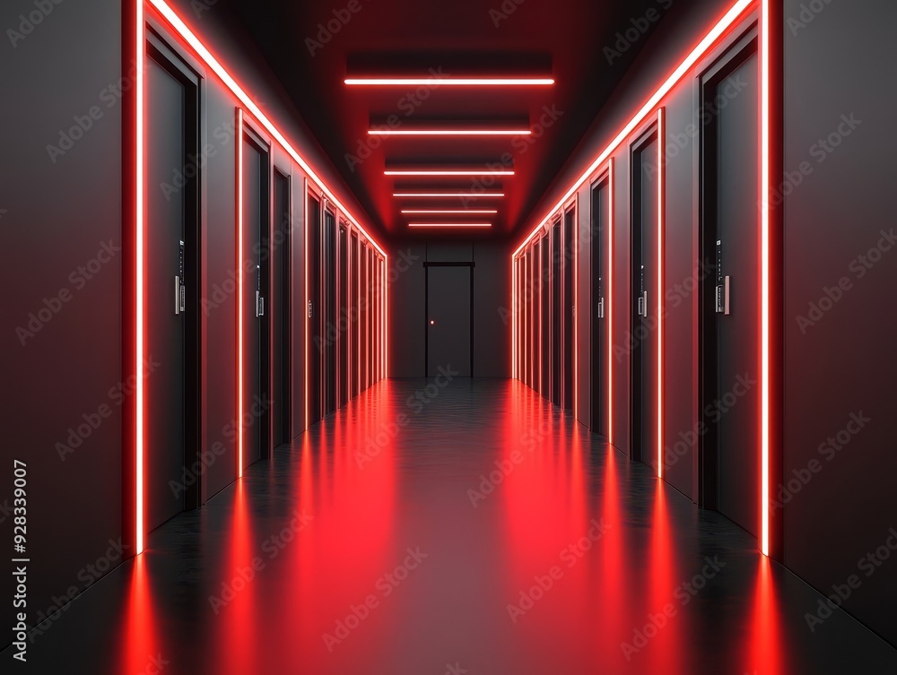 A modern hallway illuminated with red neon lights, showcasing sleek doors and a shiny floor, creating a vibrant atmosphere. A modern hallway illuminated with red neon lights, showcasing sleek doors and a shiny floor, creating a vibrant atmosphere.