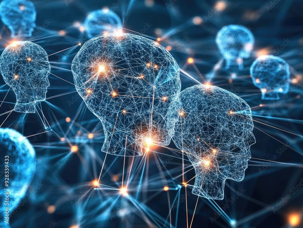 Obraz premium Abstract digital human profiles interconnected in a network with glowing points and lines.
