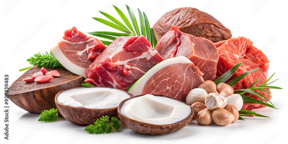 Meat assortment, different raw meats isolated on white background Meat assortment, different raw meats isolated on white background