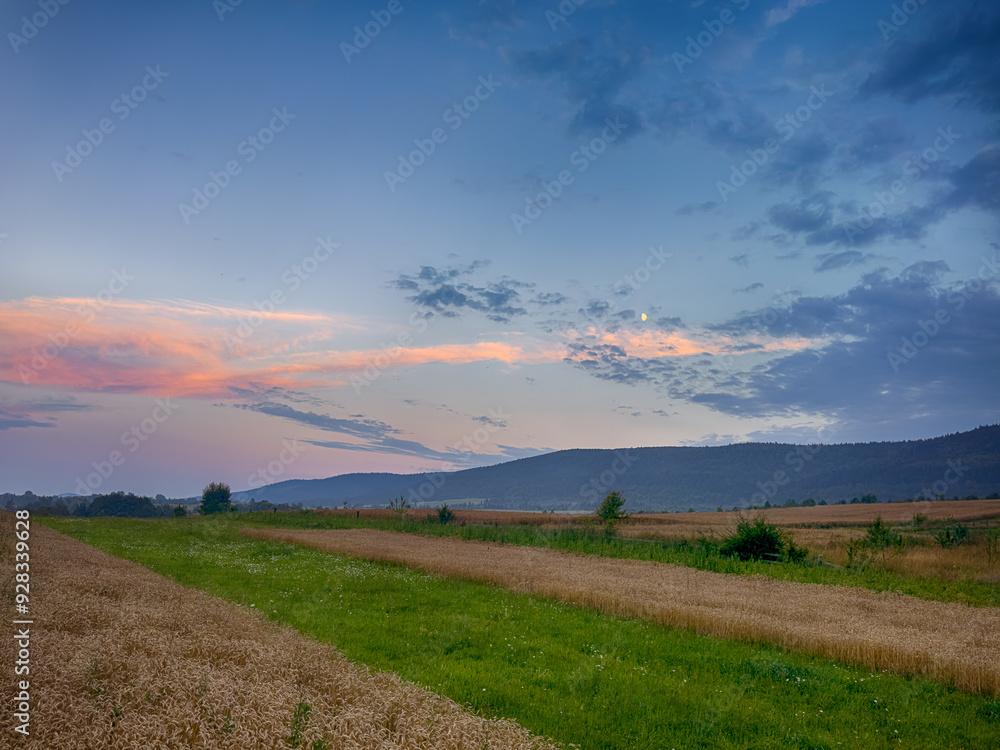 Wonderful landscape view on the Carpathian Mountains during the sunset in the summer season 