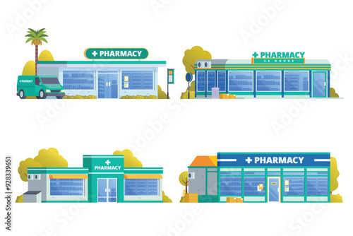 Vector illustration element of pharmacy store building, drugs shop flat design style