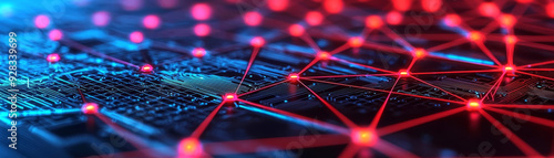 Holographic blockchain network, glowing digital ecosystem, interconnected data pathways