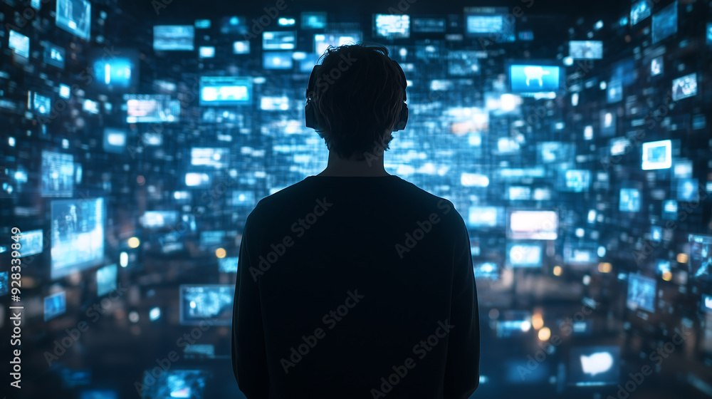Back of a person wearing headphones is deeply engaged in a vast digital screen immersive technology Back of a person wearing headphones is deeply engaged in a vast digital screen immersive technology