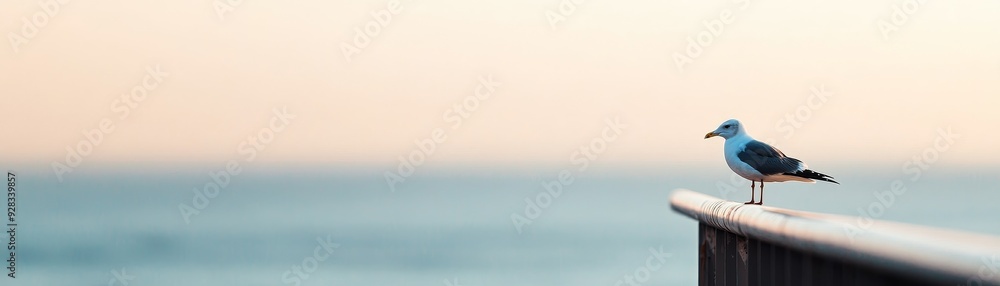 A peaceful seagull perched on a railing, overlooking the tranquil ocean at sunset, capturing a moment of serene beauty. A peaceful seagull perched on a railing, overlooking the tranquil ocean at sunset, capturing a moment of serene beauty.