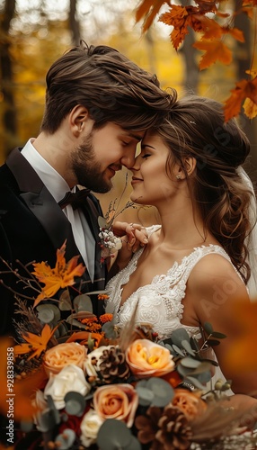 Realistic close up photo of newlyweds in autumn garden capturing unforgettable moments photo