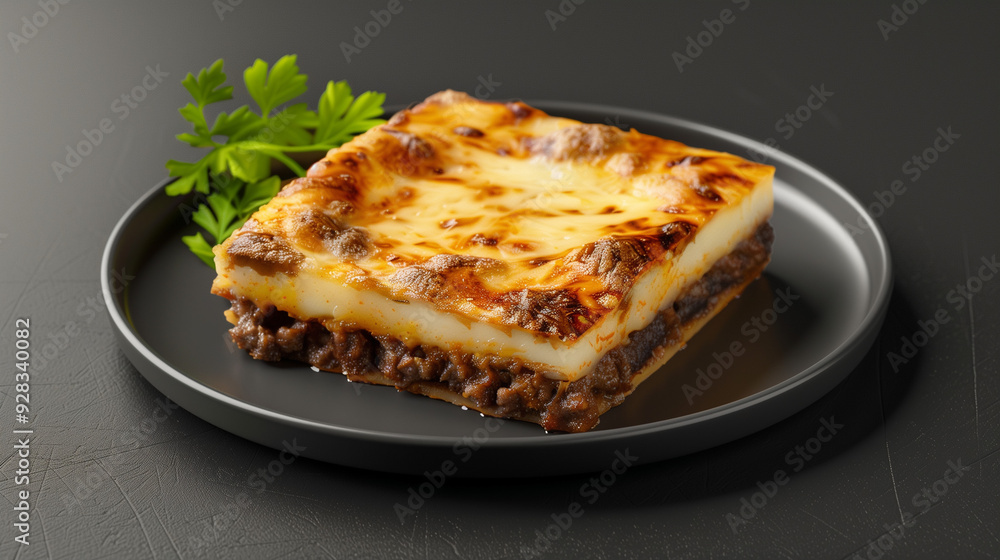A delicious slice of moussaka served on a black plate, beautifully garnished with a sprig of fresh parsley A delicious slice of moussaka served on a black plate, beautifully garnished with a sprig of fresh parsley