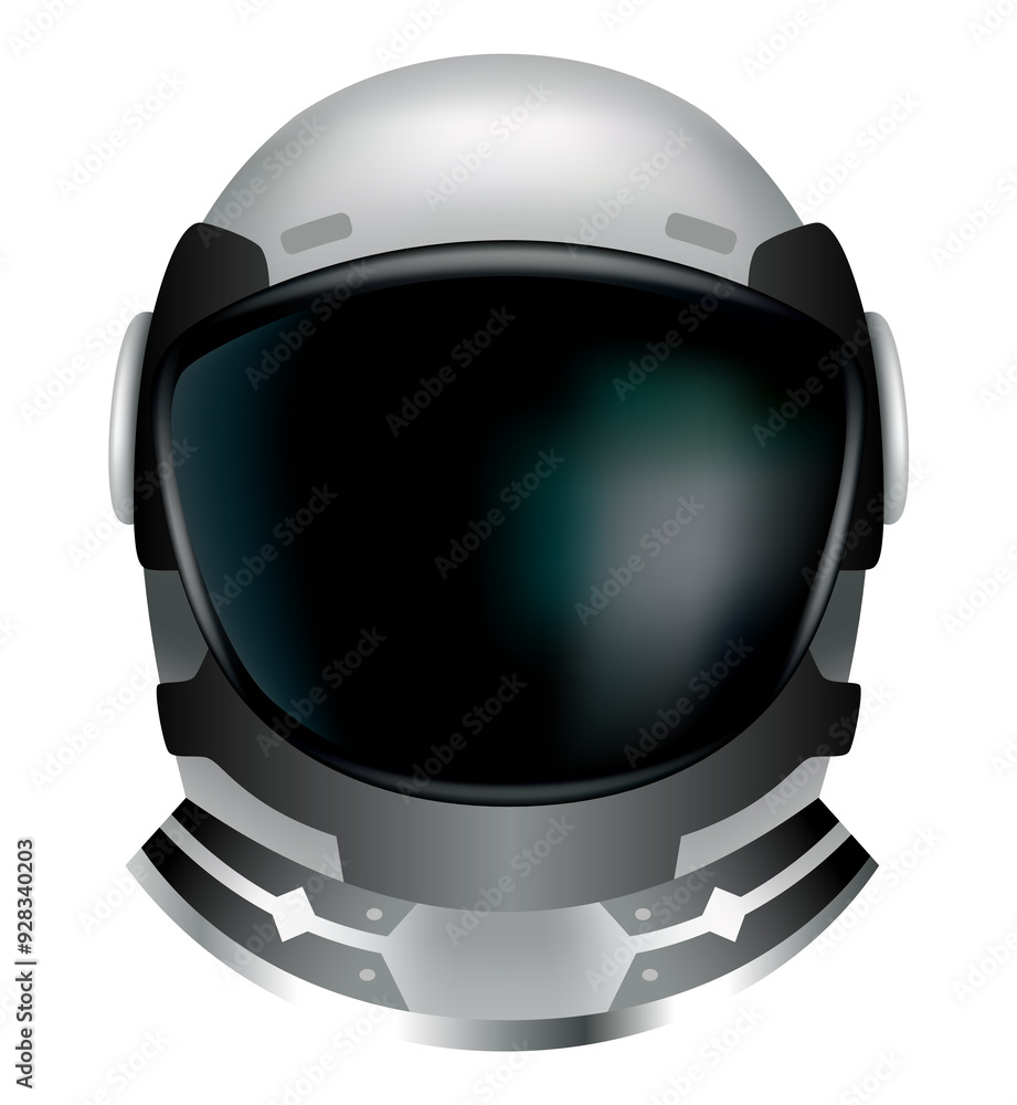 Astronaut helmet, realistic cosmonaut mask with glass for space exploration and flight in cosmos. Part suit for protection spaceman head. Isolated illustration