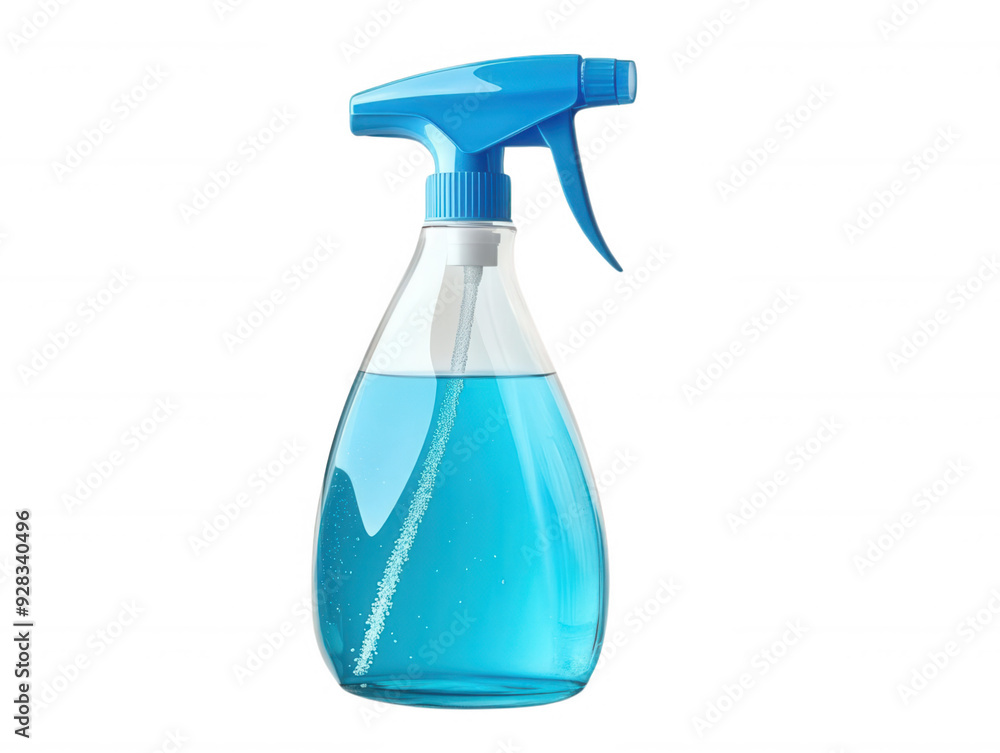 Blue plastic spray bottle filled with blue liquid, transparent background Blue plastic spray bottle filled with blue liquid, transparent background