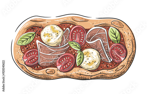 Pinsa with prosciutto, tomato and mozzarella isolated on white background. Pizza icon in vintage cartoon design. Vector illustration
