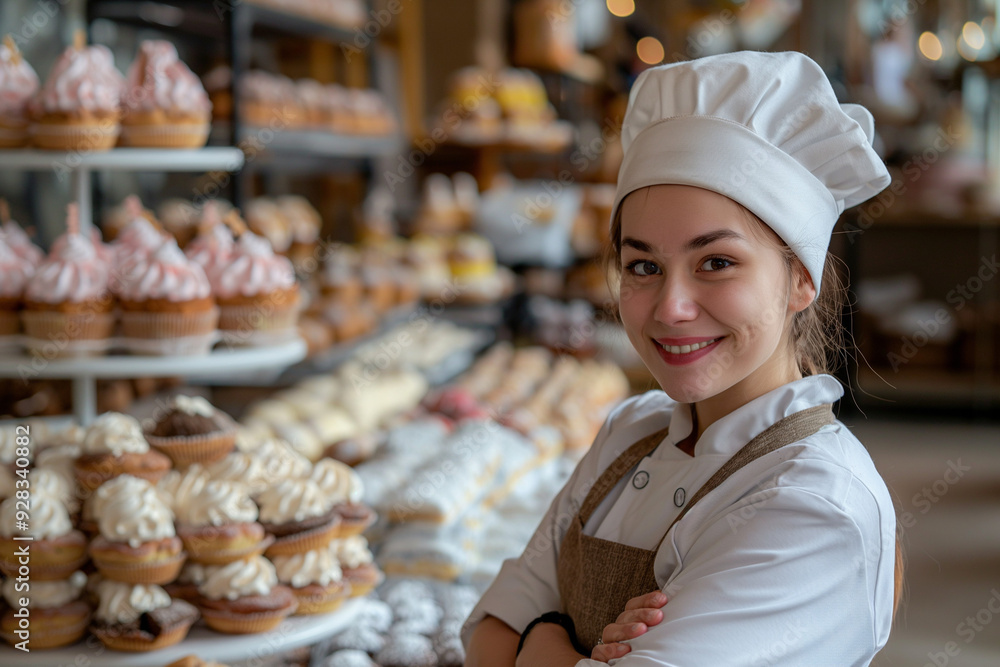 a cheerful pastry chef wearing a crisp uniform, beaming with pride as she presents her meticulously crafted cakes, with a bright and airy shop as the perfect backdrop for her delectable creations a cheerful pastry chef wearing a crisp uniform, beaming with pride as she presents her meticulously crafted cakes, with a bright and airy shop as the perfect backdrop for her delectable creations