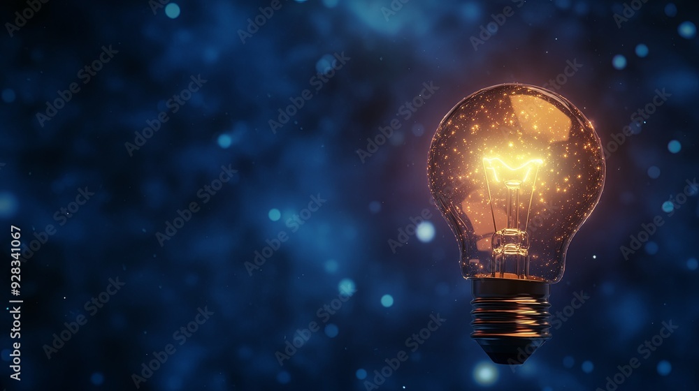 A light bulb is lit up in a dark blue background A light bulb is lit up in a dark blue background