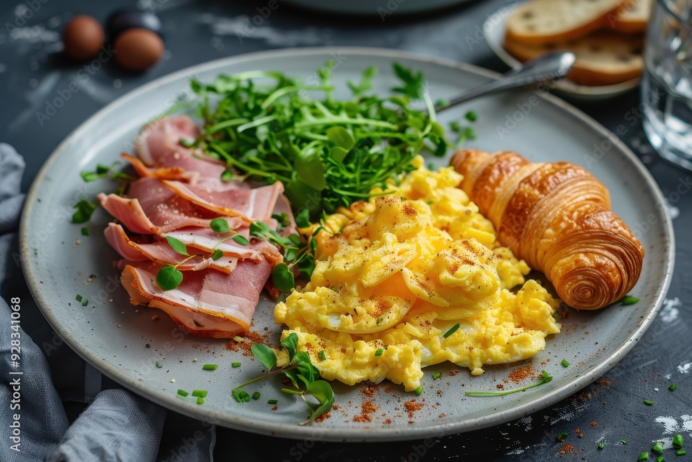 Breakfast of croissant with scrambled eggs and ham Breakfast of croissant with scrambled eggs and ham