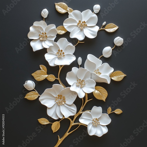 Wallpaper Mural White flowers with golden leaves on black background. White and golden and black luxury 3d floral background Torontodigital.ca