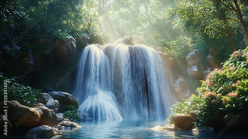 Hidden deep within the forest, a pure waters tumble over ancient stones, creating a serene and enchanting scene. Hidden deep within the forest, a pure waters tumble over ancient stones, creating a serene and enchanting scene.