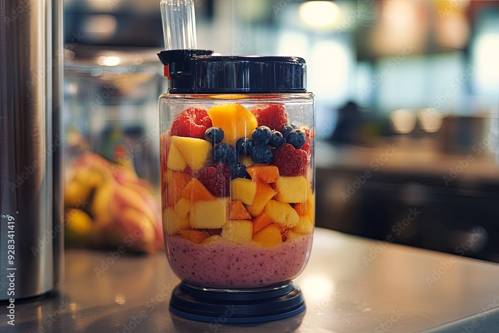 A glass jar filled with a colorful fruit smoothie A glass jar filled with a colorful fruit smoothie