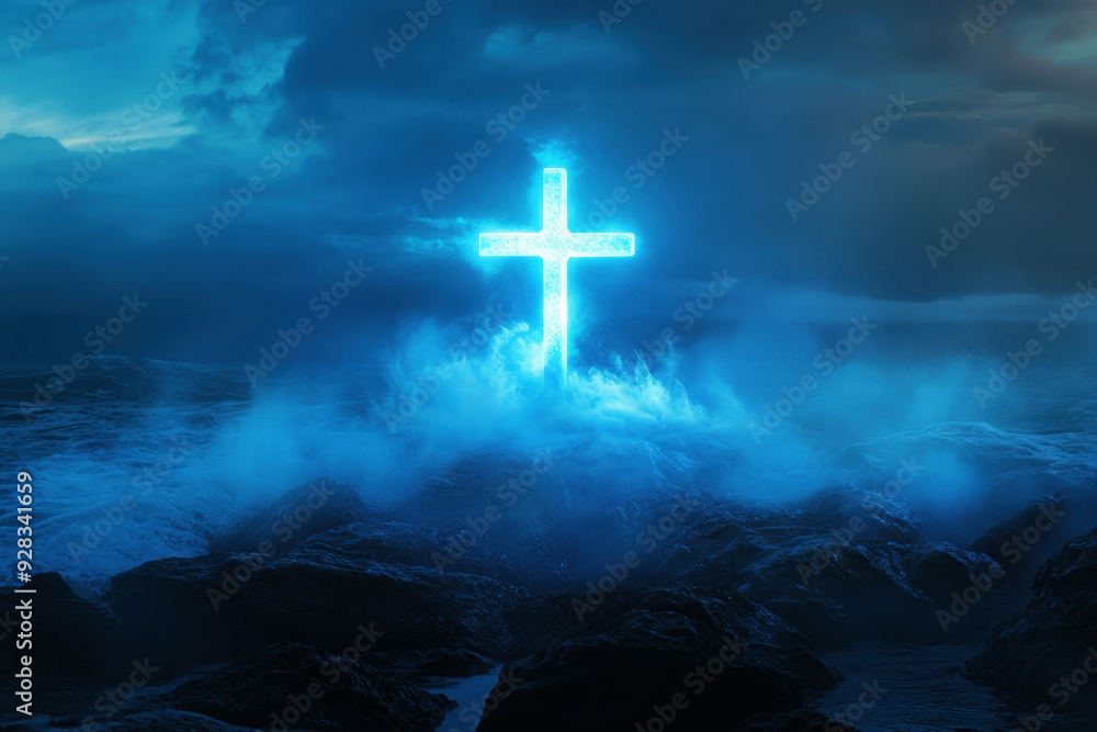 Fototapeta premium A cross standing on a grassy field during a serene sunset, perfect for Ascension Day and Easter religious concepts emphasizing faith and spirituality.