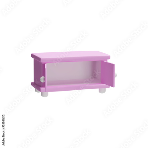 Chest of drawers with open doors 3D plastic style vector icon, cartoon empty pink dresser, furniture store cabinet toy