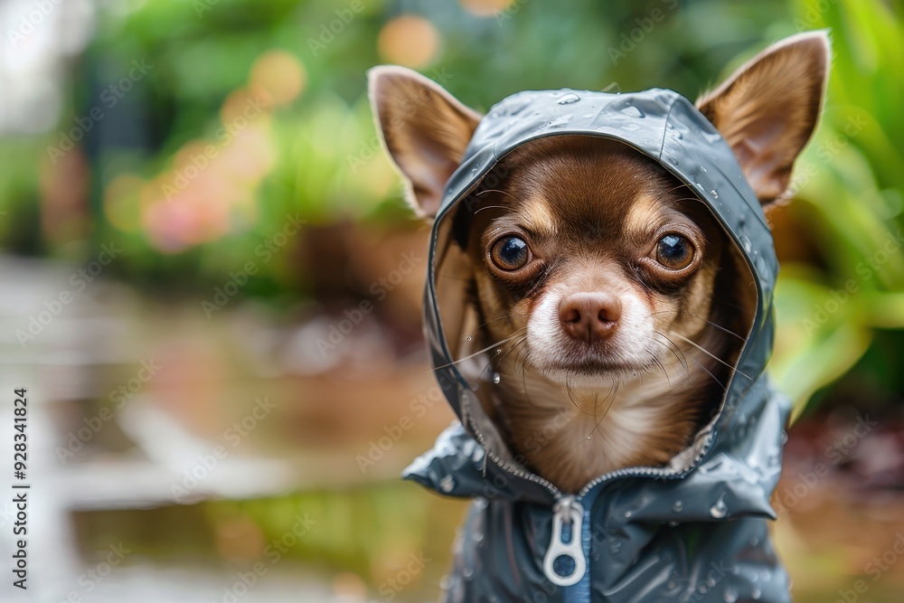 Brown short hair chihuahua in raincoat hood sitting on wet tile looking at camera in garden Brown short hair chihuahua in raincoat hood sitting on wet tile looking at camera in garden
