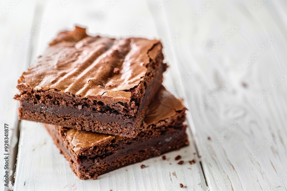 Brownies with chocolate icing on white wood background selective focus Brownies with chocolate icing on white wood background selective focus