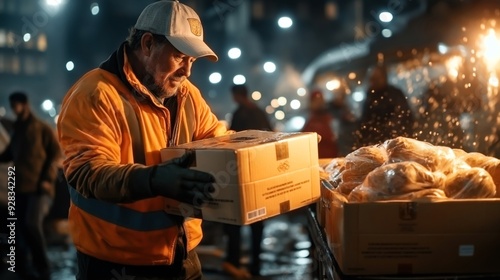 A worker in a high-visibility jacket and cap is handling cardboard boxes, with bread loaves in plastic wraps in the foreground at night. photo