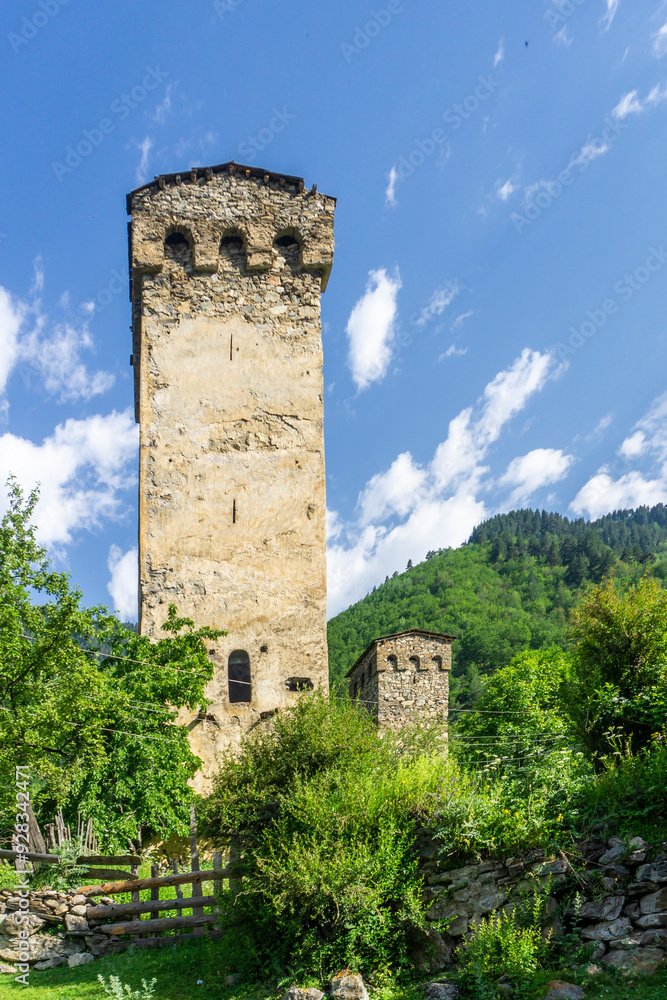Two medieval defensive stone towers with loopholes. Old walls. Trees, green grass and bushes. Two medieval defensive stone towers with loopholes. Old walls. Trees, green grass and bushes.