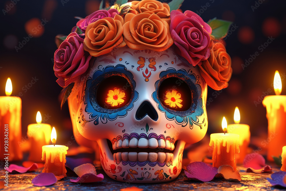 a traditional ofrenda for Dia de los Muertos. There are candles, flowers, and sugar skulls arranged on an altar. day of the dead festival. a traditional ofrenda for Dia de los Muertos. There are candles, flowers, and sugar skulls arranged on an altar. day of the dead festival.