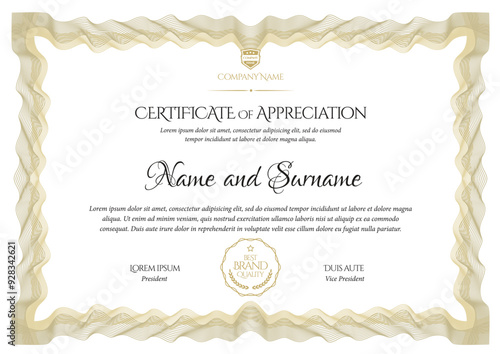 Certificate Template. Diploma of modern design or gift certificate. Frame from guilloche pattern. Elegant and expensive design. Vector illustration.