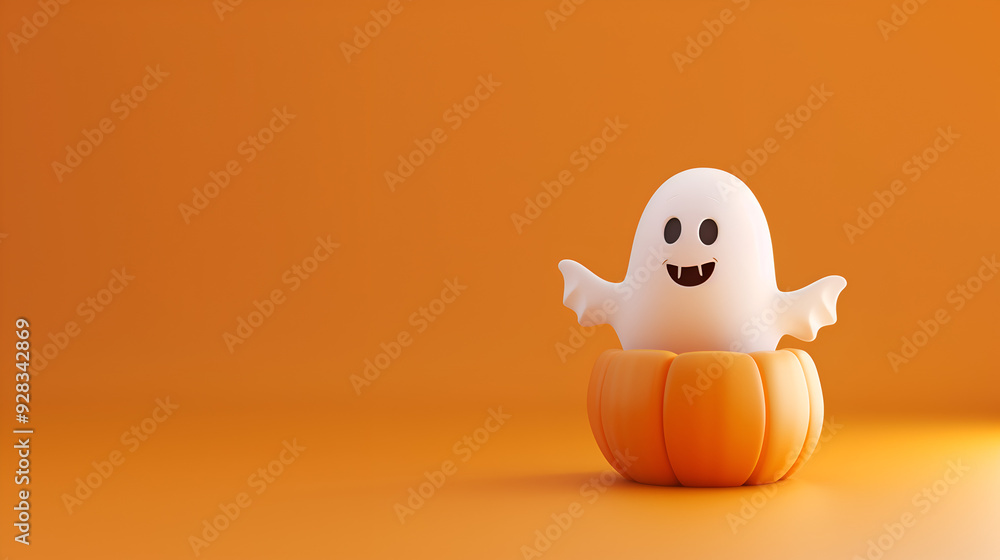 Illustration of a lovely and funny ghost inside a pumpkin with orange background for halloween Illustration of a lovely and funny ghost inside a pumpkin with orange background for halloween