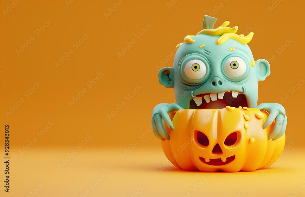 Illustration of a funny zombie inside a pumpkin with orange background for halloween