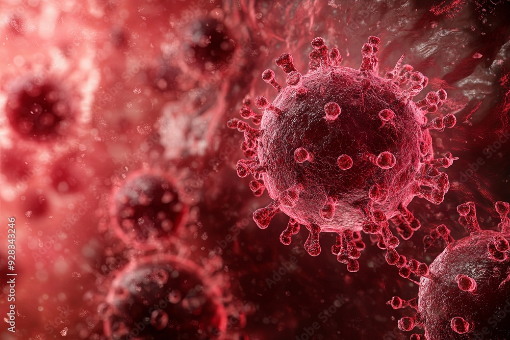 A close up of a red virus with many other red viruses in the background A close up of a red virus with many other red viruses in the background