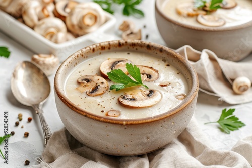 Ceramic bowl of mushroom soup with spoon on kitchen background photo