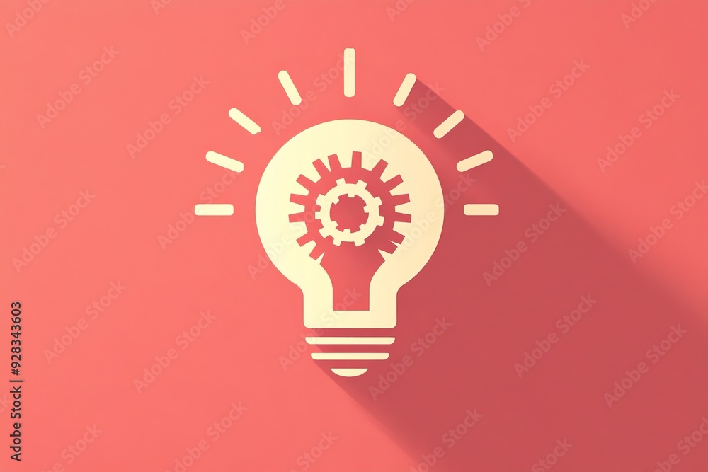 Creative light bulb icon representing innovation with gear inside on coral background Creative light bulb icon representing innovation with gear inside on coral background