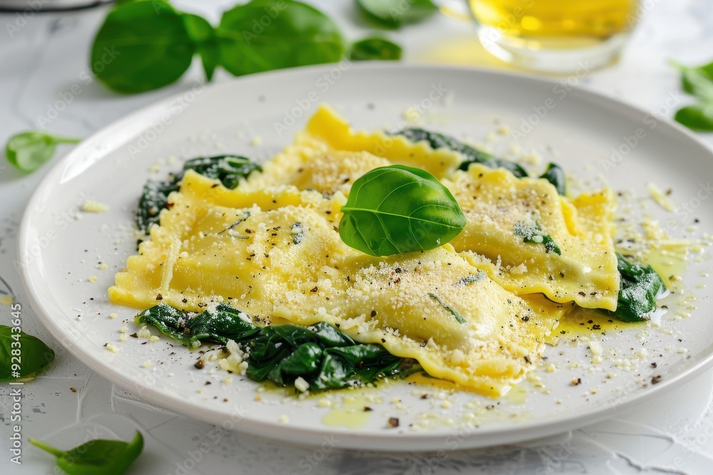 Cheese and spinach ravioli on white plate Cheese and spinach ravioli on white plate