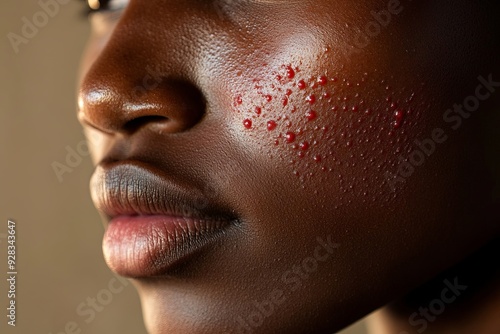 A woman's face with red spots on it