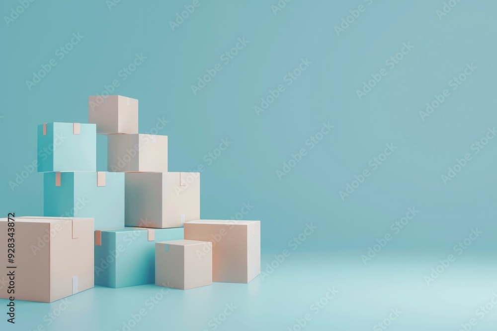 3D Cartoon Stack of Empty Boxes on Sky Blue Background - Design for Print, Card, Poster 3D Cartoon Stack of Empty Boxes on Sky Blue Background - Design for Print, Card, Poster