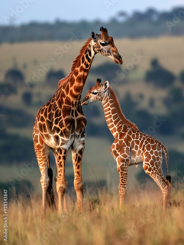 Mother giraffe and her baby calf in the savannah, highlighted by golden light, with the vast landscape stretching behind them