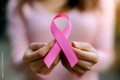 Wallpaper Mural Woman hand holding a pink ribbon for breast cancer awareness on blur background. Torontodigital.ca