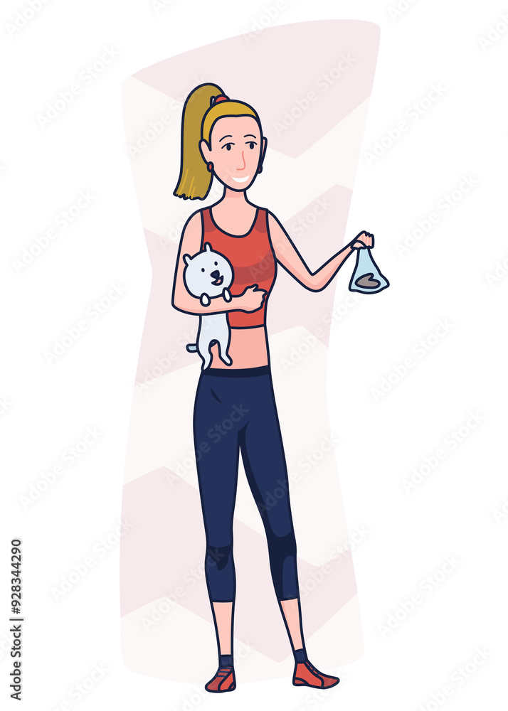 Cleaning after dog. Pet owner picking up pet waste during walk in public park. Animal responsibility of trash clean rules concept. Linear illustration Cleaning after dog. Pet owner picking up pet waste during walk in public park. Animal responsibility of trash clean rules concept. Linear illustration