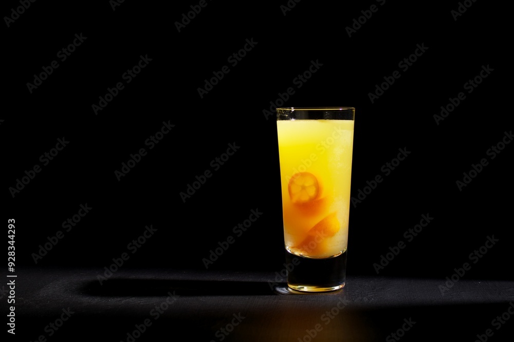 Bright yellow orange cocktail or mocktail isolated against a black background Bright yellow orange cocktail or mocktail isolated against a black background